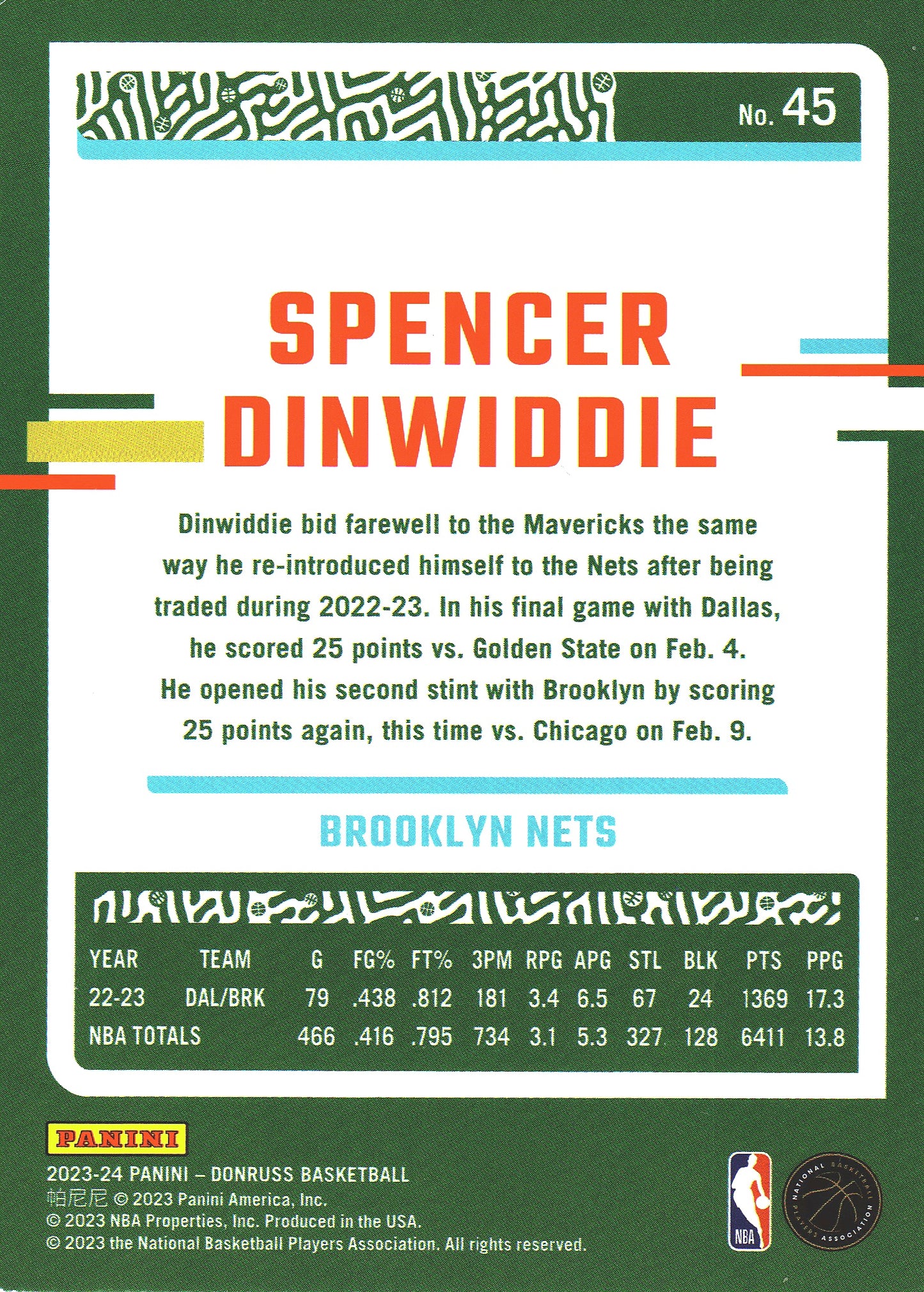2023 Panini Donruss Green Lazer Spencer Dinwiddie #45 Brooklyn Nets