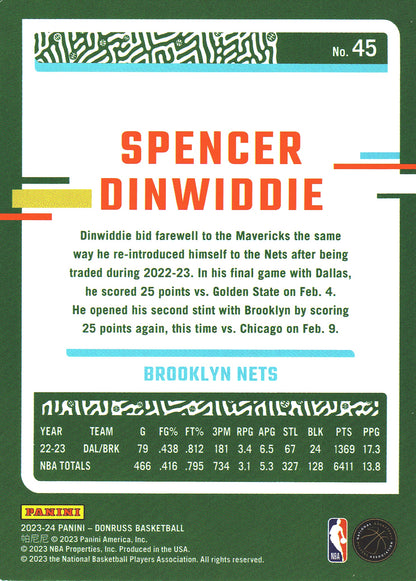 2023 Panini Donruss Green Lazer Spencer Dinwiddie #45 Brooklyn Nets