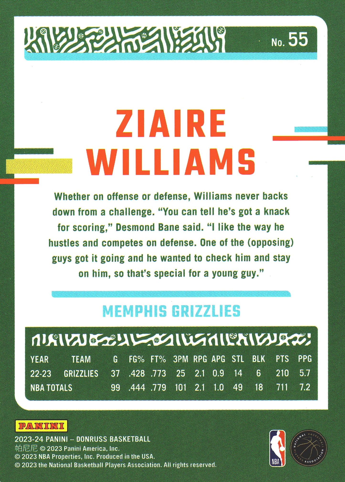 2023 Panini Donruss Green Lazer Ziaire Williams #55 Memphis Grizzlies