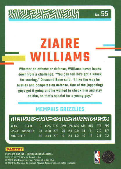 2023 Panini Donruss Green Lazer Ziaire Williams #55 Memphis Grizzlies