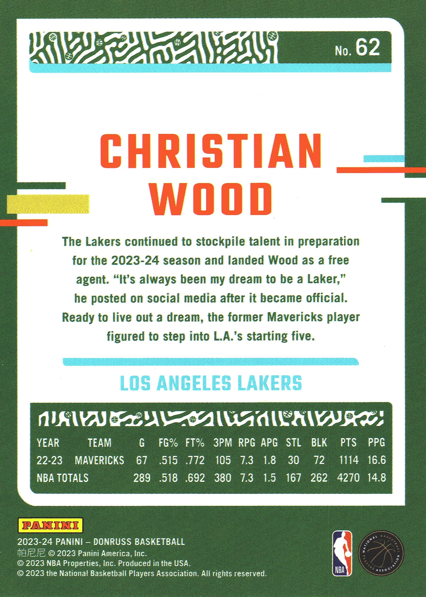 2023 Panini Donruss Green Lazer Christian Wood #62 Los Angeles Lakers