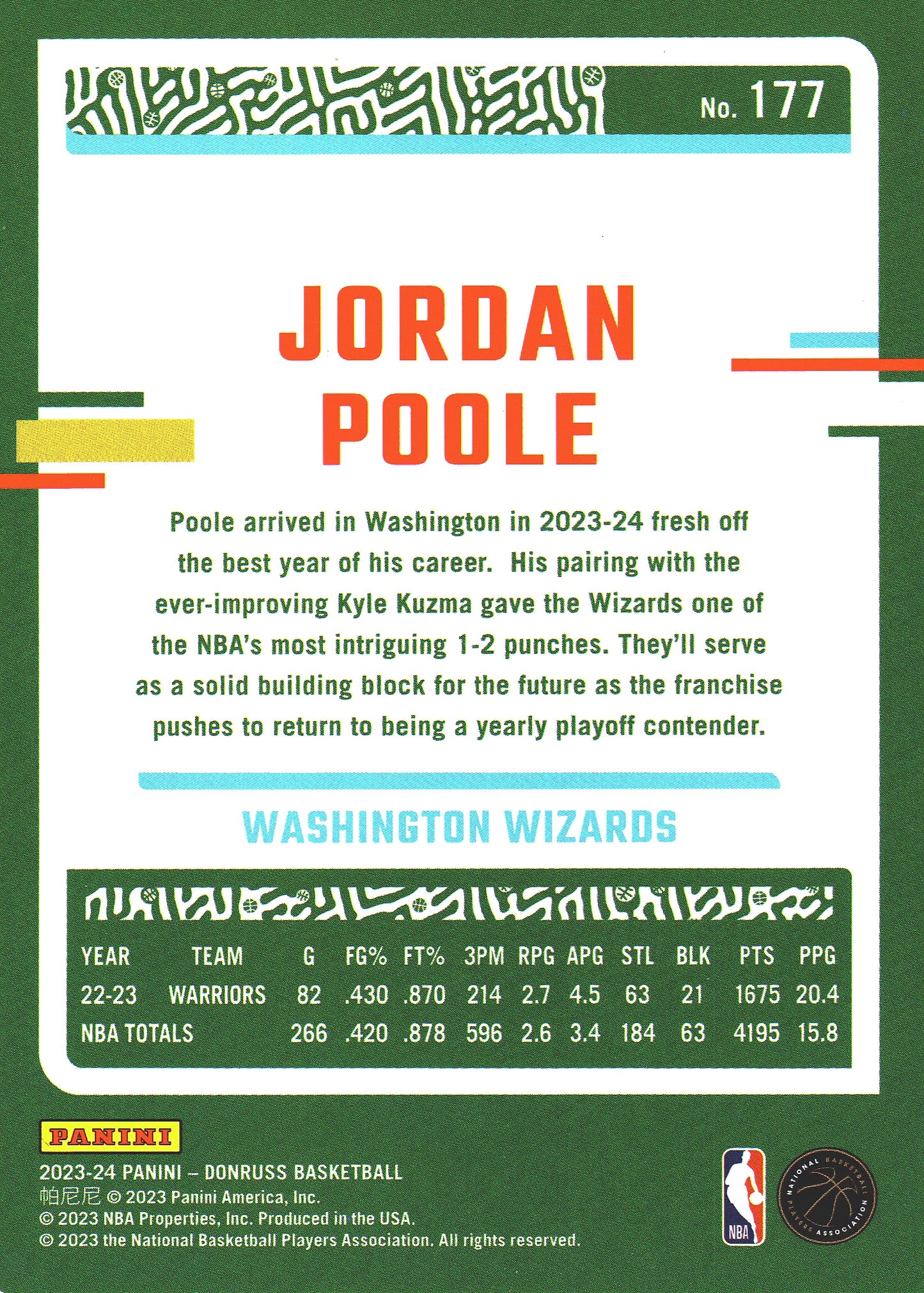 2023 Panini Donruss Green Lazer Jordan Poole #177 Washington Wizards