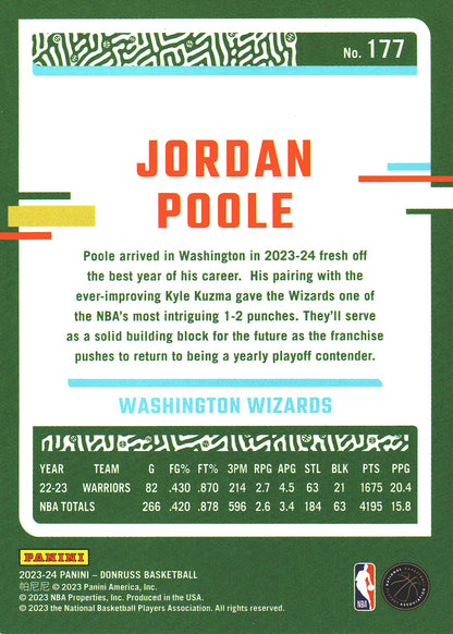 2023 Panini Donruss Green Lazer Jordan Poole #177 Washington Wizards