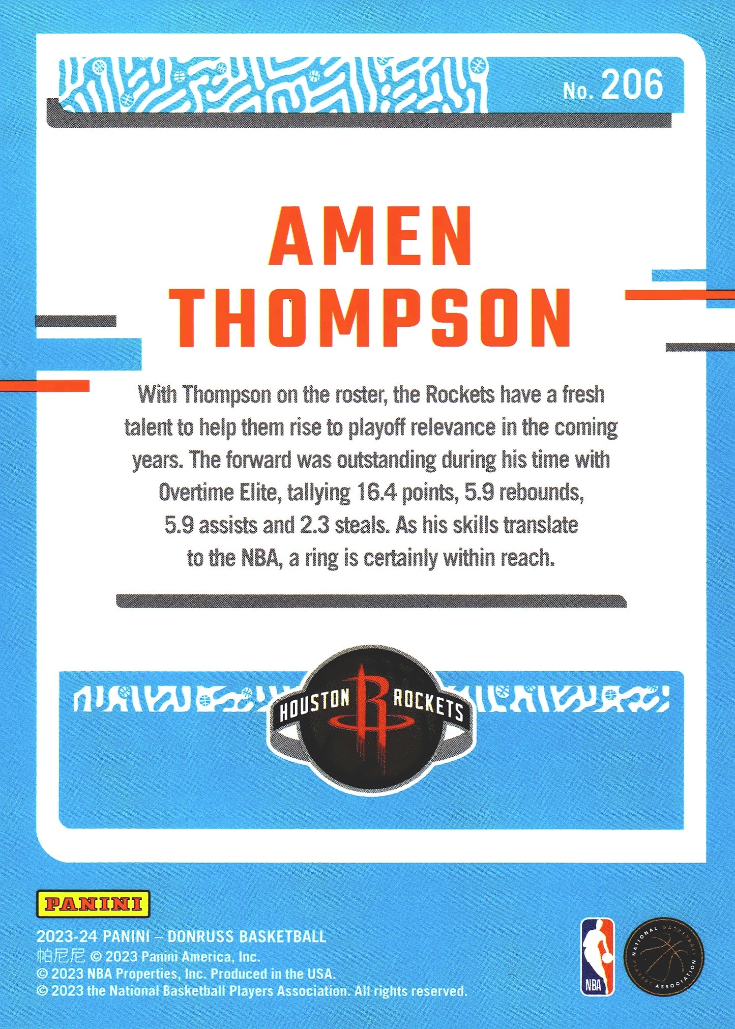 2023 Panini Donruss Green Lazer Amen Thompson Rated Rookie RC #206 Houston Rockets