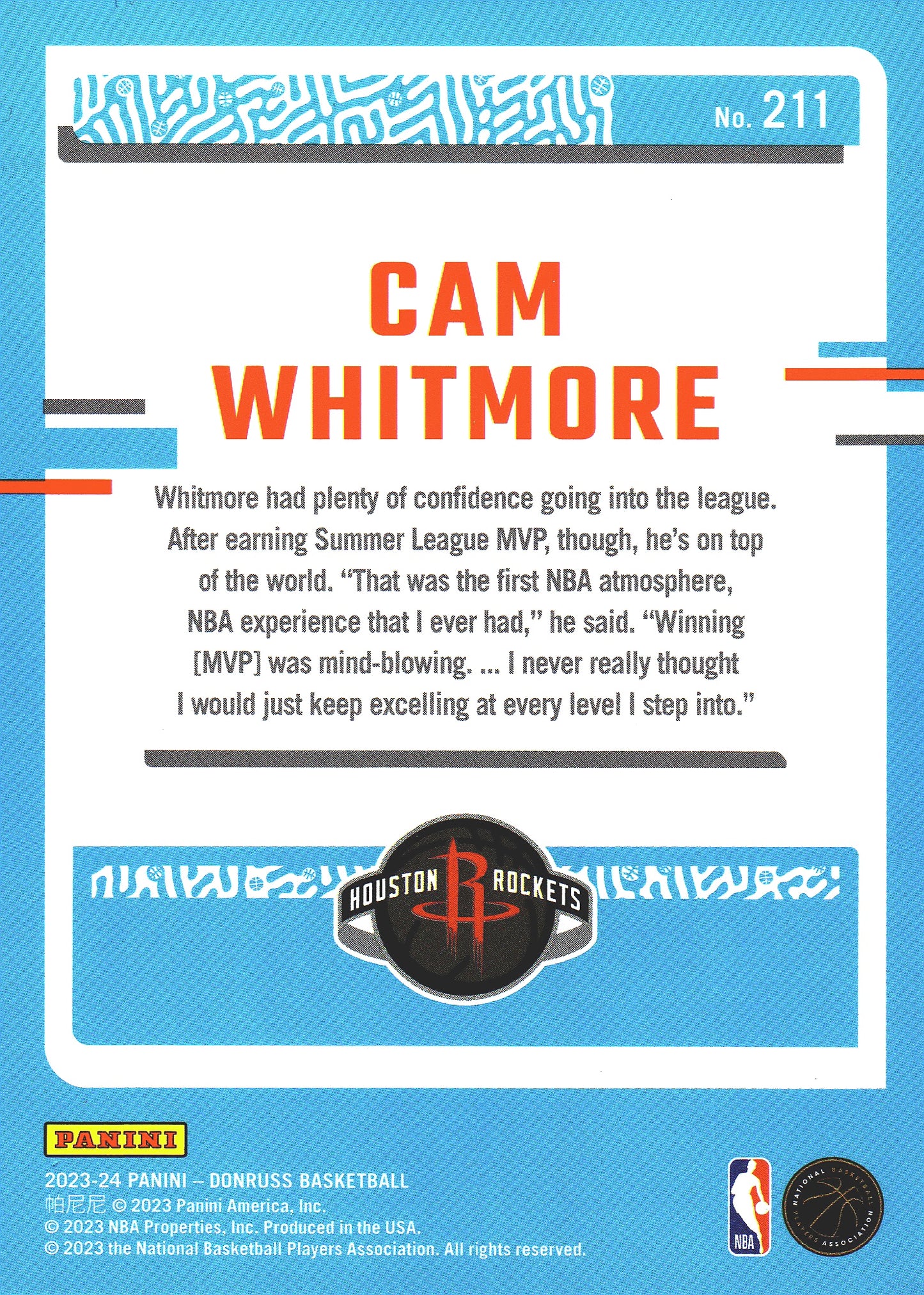 2023 Panini Donruss Green Lazer Cam Whitmore Rated Rookie RC #211 Houston Rockets