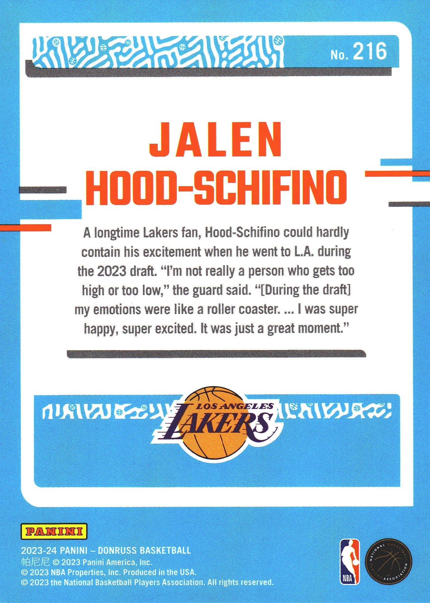 2023 Panini Donruss Green Lazer Jalen Hood-Schifino Rated Rookie RC #216 Los Angeles Lakers