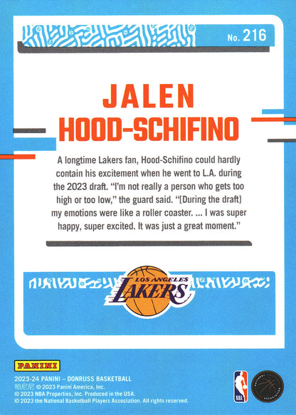 2023 Panini Donruss Green Lazer Jalen Hood-Schifino Rated Rookie RC #216 Los Angeles Lakers