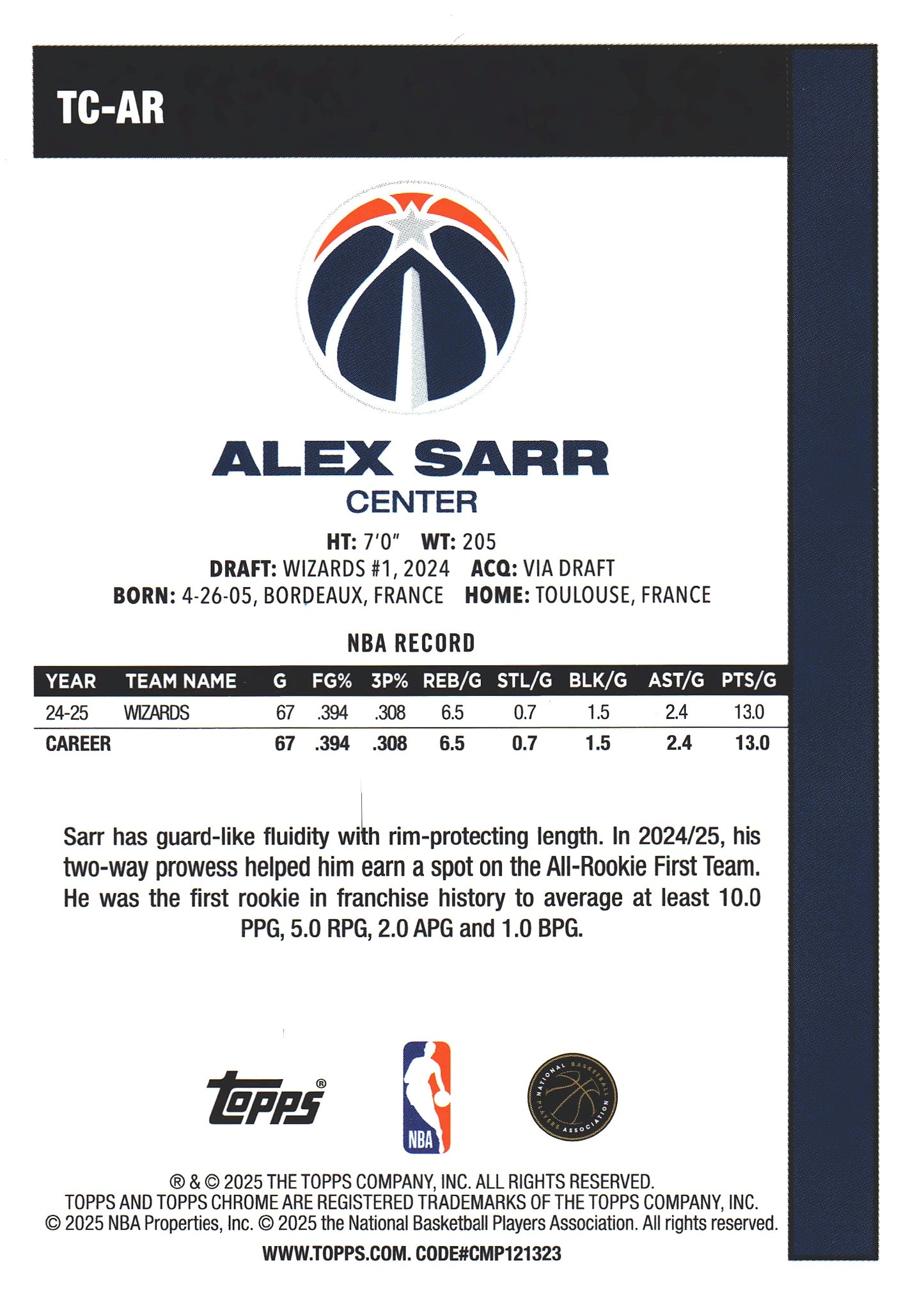 2025 Topps NBA 1980-81 Topps Chrome Mojo Alex Sarr #TC-AR Washington Wizards