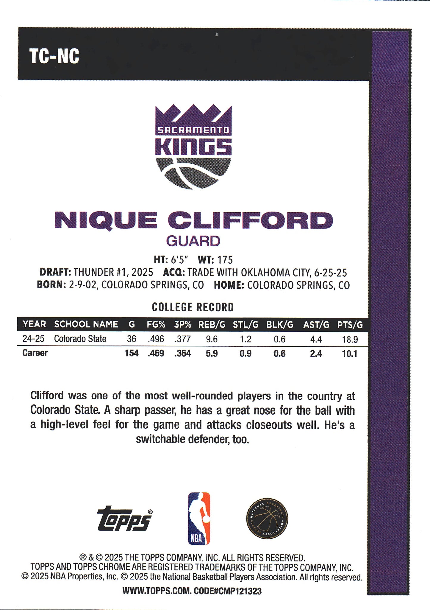 2025 Topps NBA 1980-81 Topps Chrome Mojo Nique Clifford RC #TC-NC Sacramento Kings