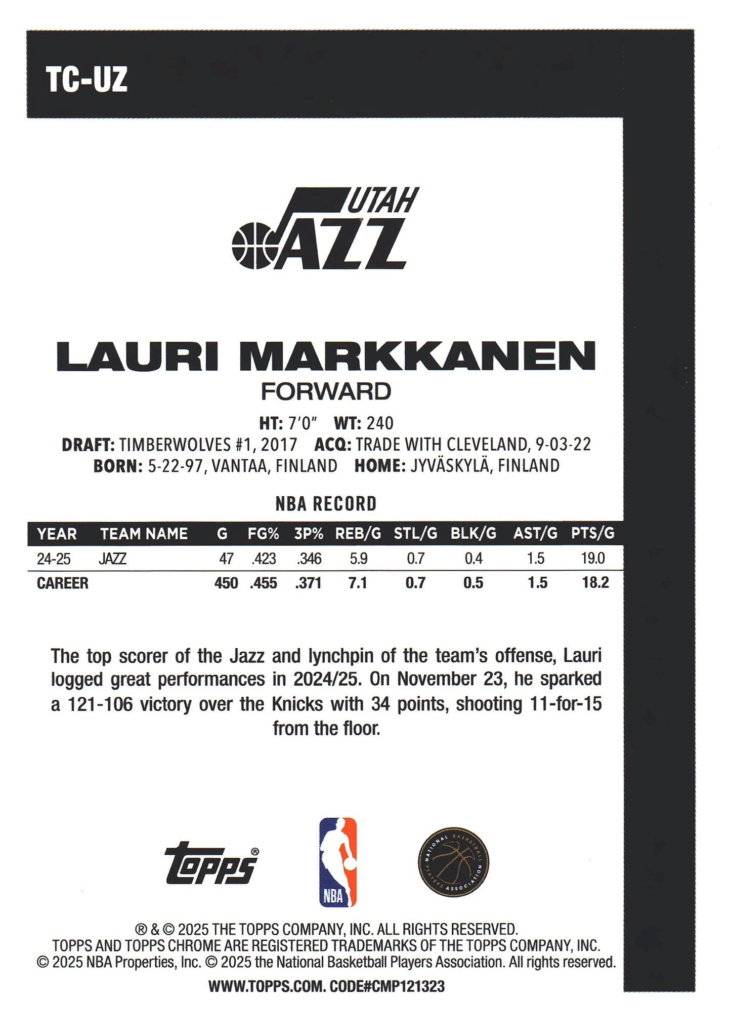 2025 Topps NBA 1980-81 Topps Chrome Mojo Lauri Markkanen #TC-UZ Utah Jazz