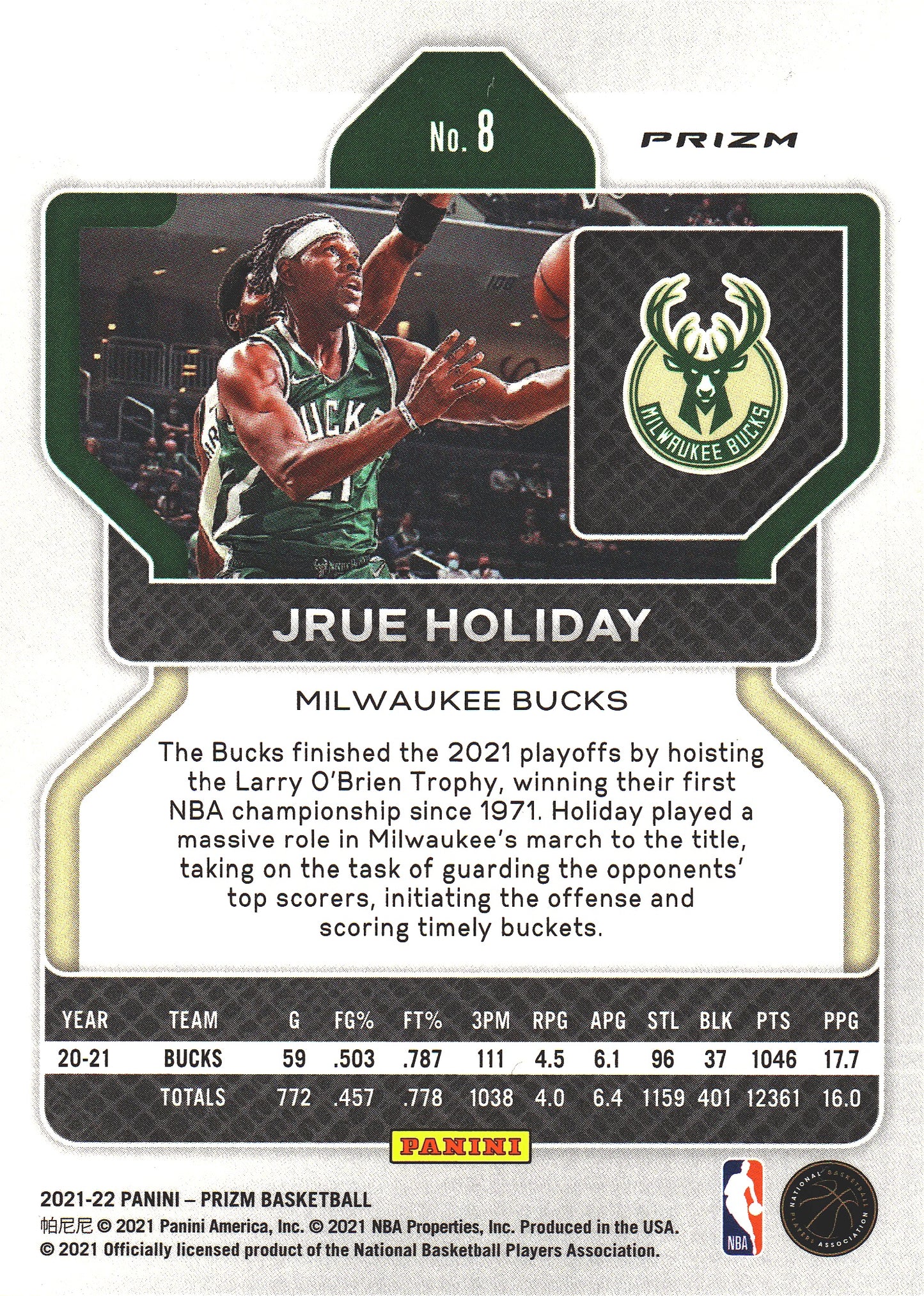 2021 Panini Prizm Blue White Red Jrue Holiday #8 Milwaukee Bucks