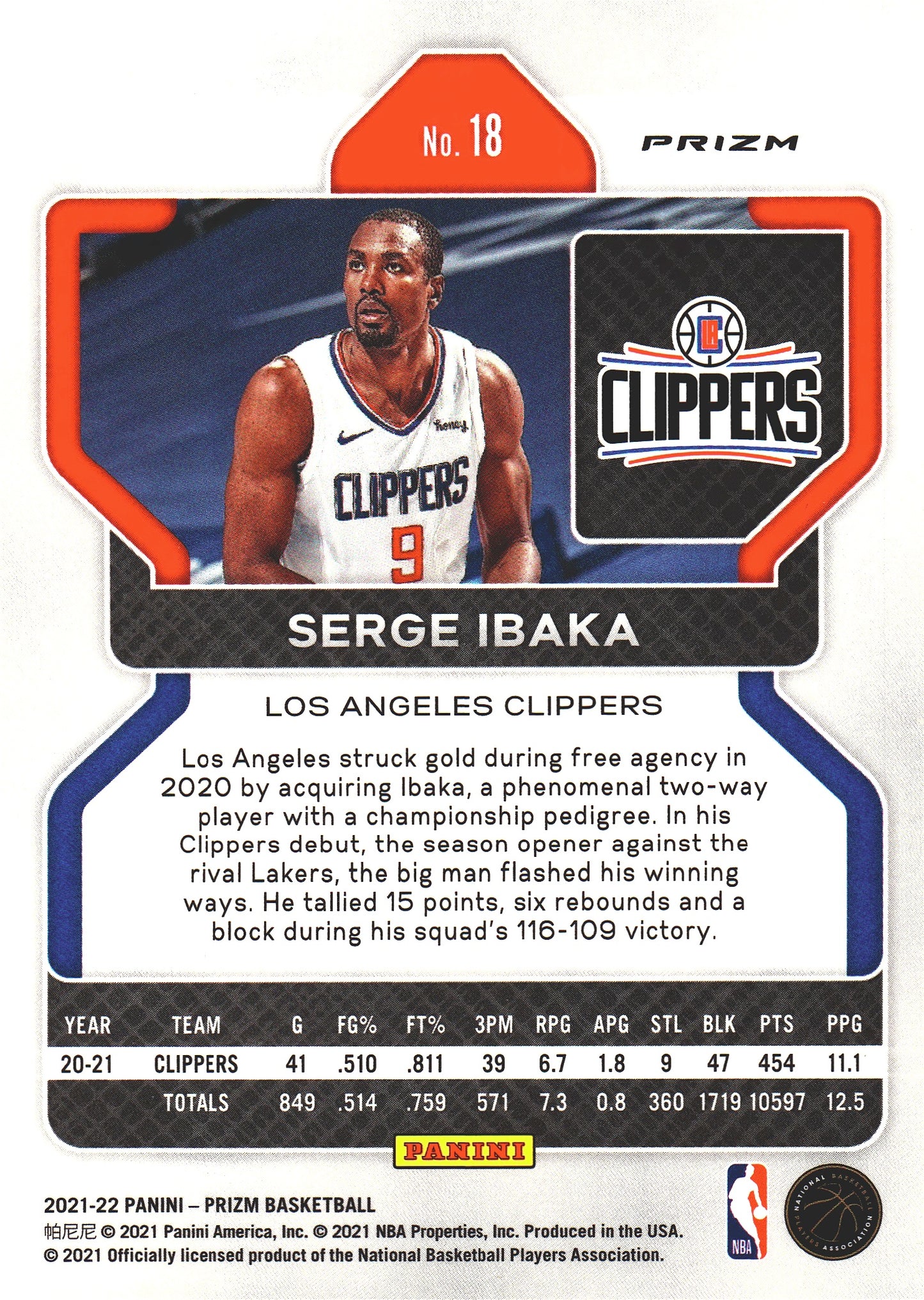 2021 Panini Prizm Blue White Red Serge Ibaka #18 Los Angeles Clippers
