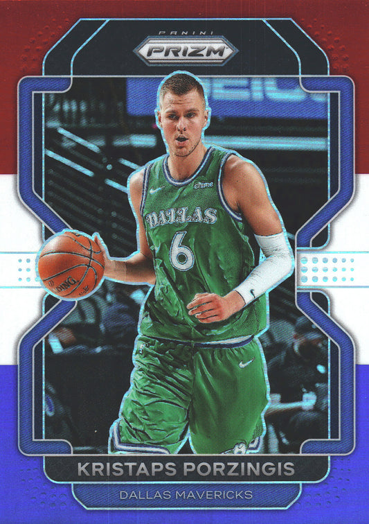 2021 Panini Prizm Blue White Red Kristaps Porzingis #74 Dallas Mavericks
