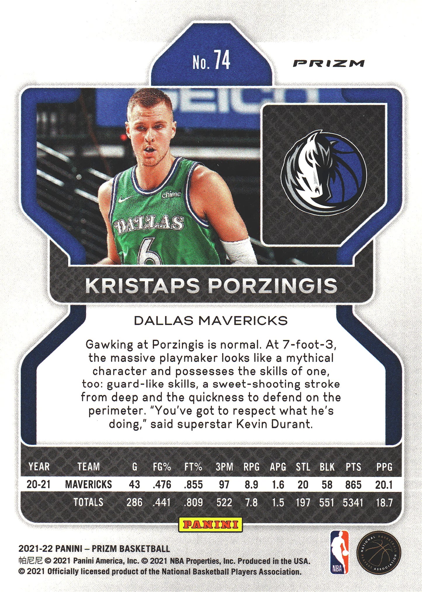 2021 Panini Prizm Blue White Red Kristaps Porzingis #74 Dallas Mavericks