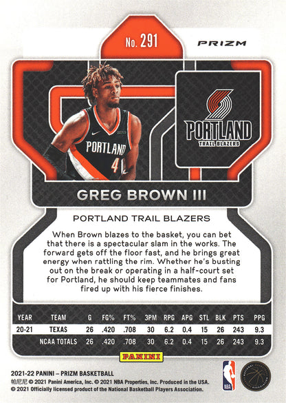 2021 Panini Prizm Blue White Red Greg Brown III RC #291 Portland Trail Blazers