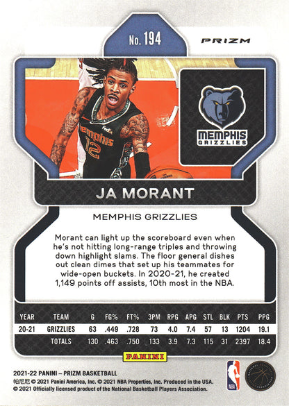 2021 Panini Prizm Green Ja Morant #194 Memphis Grizzlies