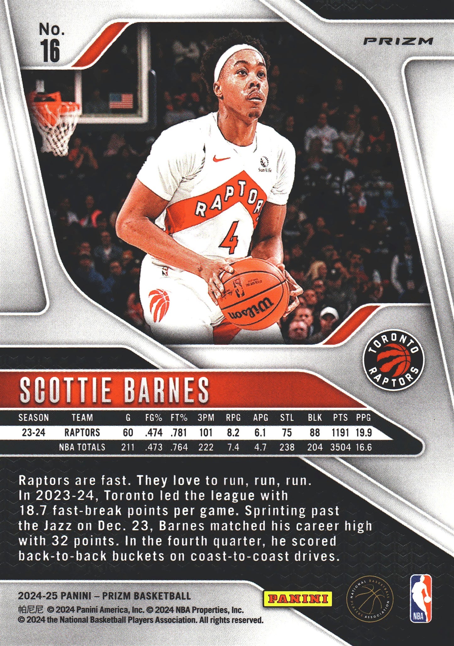 2024 Panini Prizm Chinese Scottie Barnes #16 Toronto Raptors