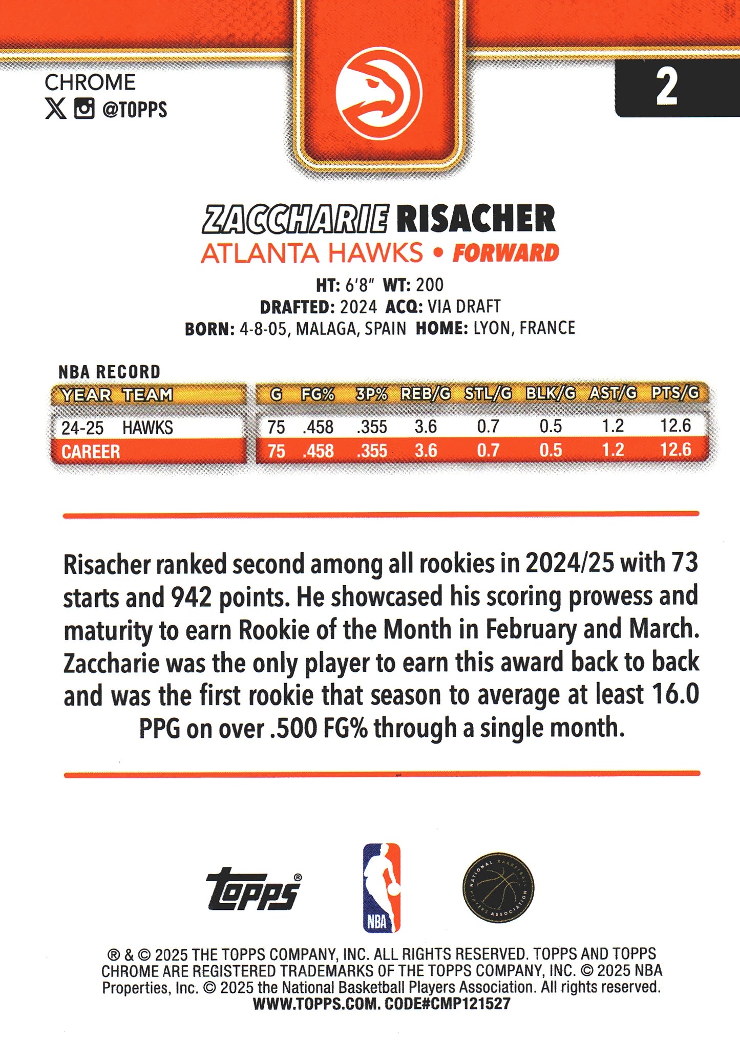 2025 Topps Chrome NBA Prism Zaccharie Risacher RC #2 Atlanta Hawks