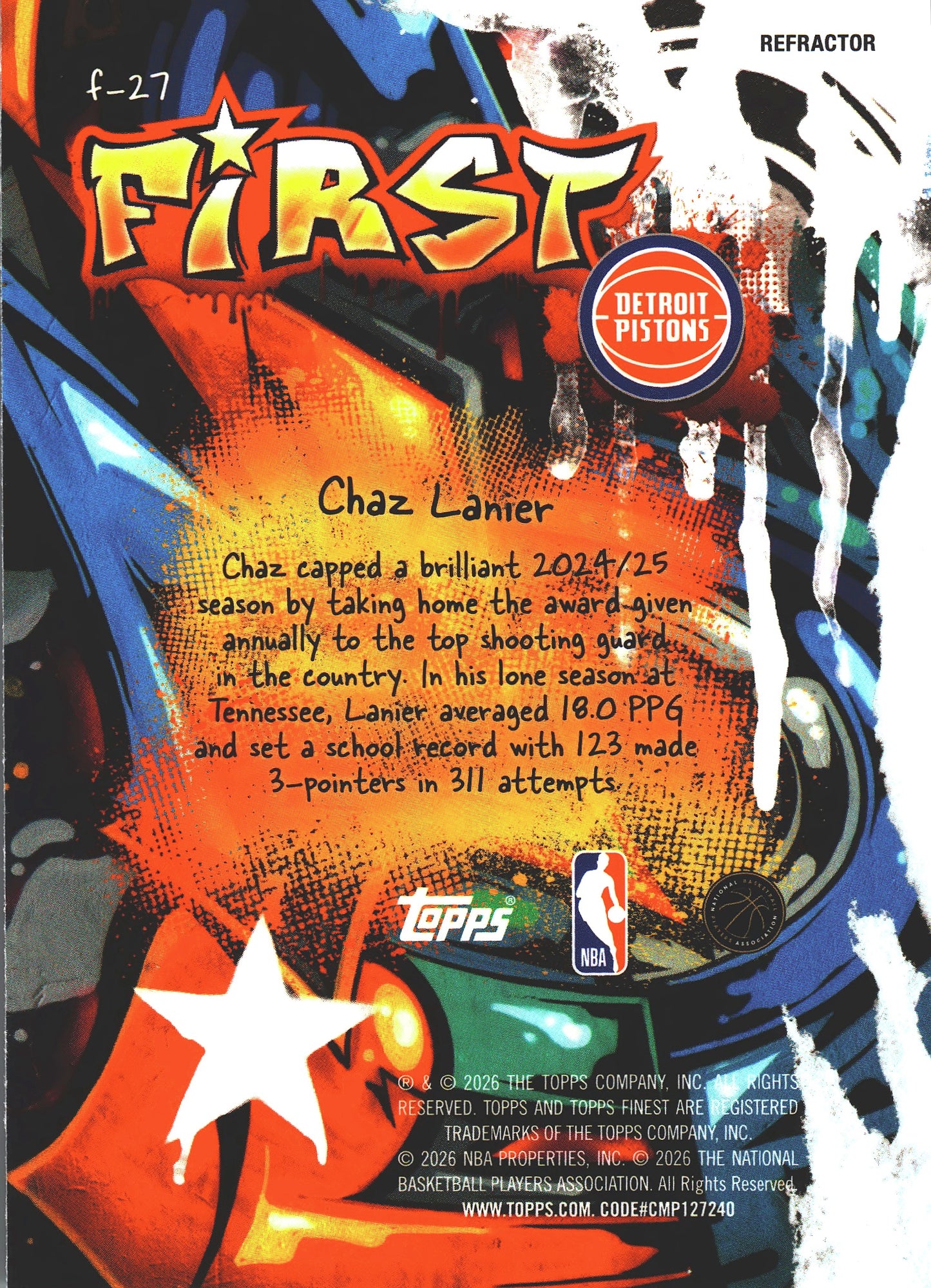 2025 Topps Finest NBA Refractor Chaz Lanier RC #F-27 Detroit Pistons