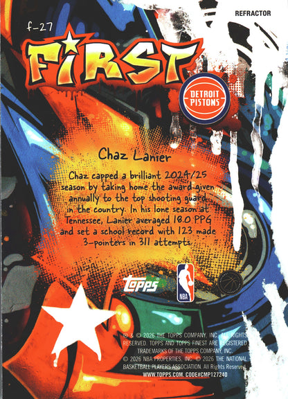 2025 Topps Finest NBA Refractor Chaz Lanier RC #F-27 Detroit Pistons