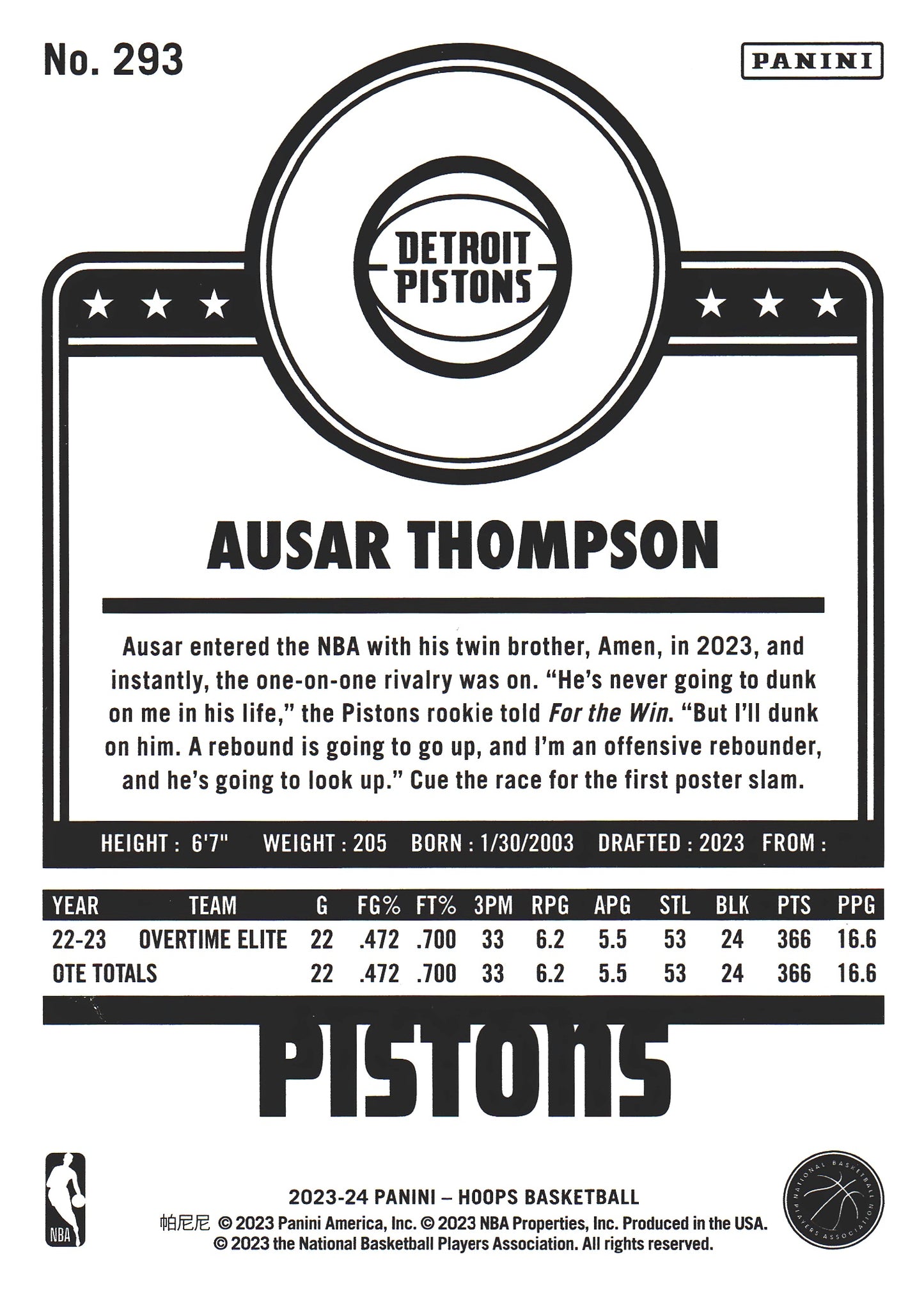 2023 Panini Hoops Ausar Thompson RC #293 Detroit Pistons
