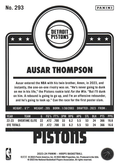 2023 Panini Hoops Ausar Thompson RC #293 Detroit Pistons