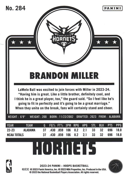 2023 Panini Hoops Green Brandon Miller RC #284 Charlotte Hornets