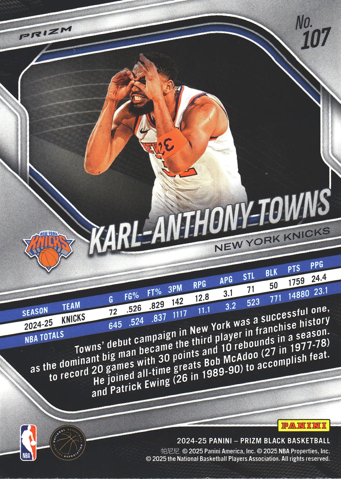 2024 Panini Prizm Black Red Wave Karl-Anthony Towns #107 New York Knicks
