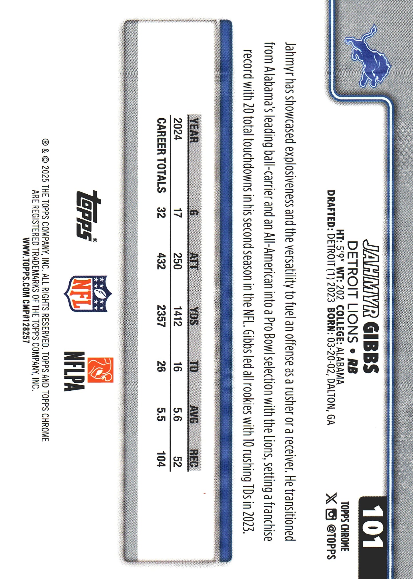 2025 Topps Chrome Jahmyr Gibbs Pink /250 Detroit Lions