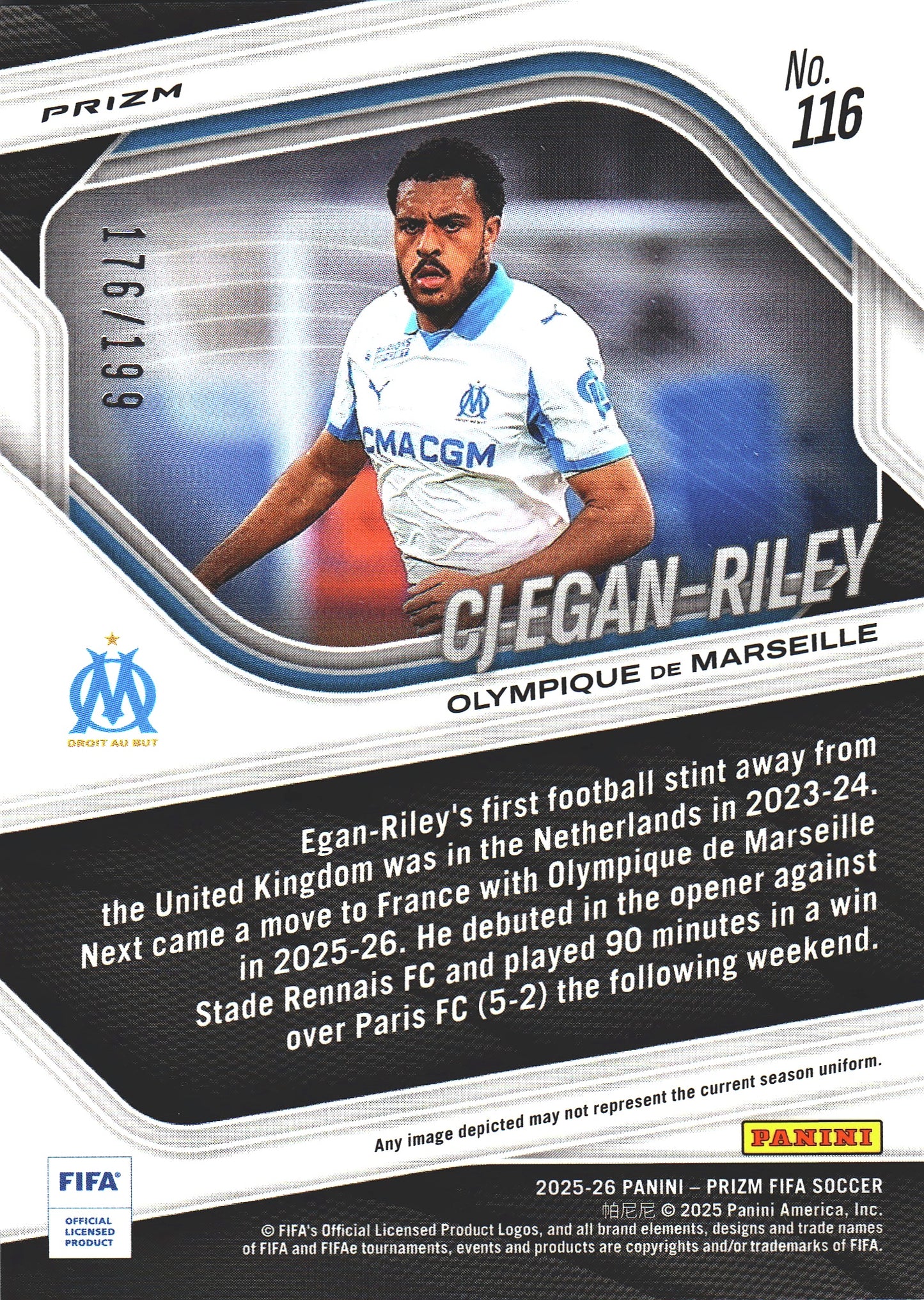 2025 Panini Prizm FIFA Blue /199 CJ Egan-Riley RC #116 Olympique Marseille