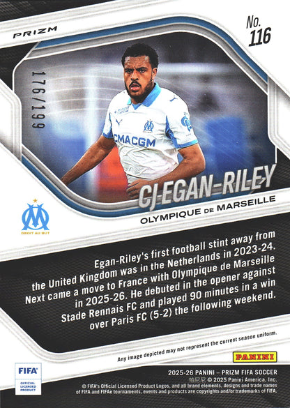 2025 Panini Prizm FIFA Blue /199 CJ Egan-Riley RC #116 Olympique Marseille
