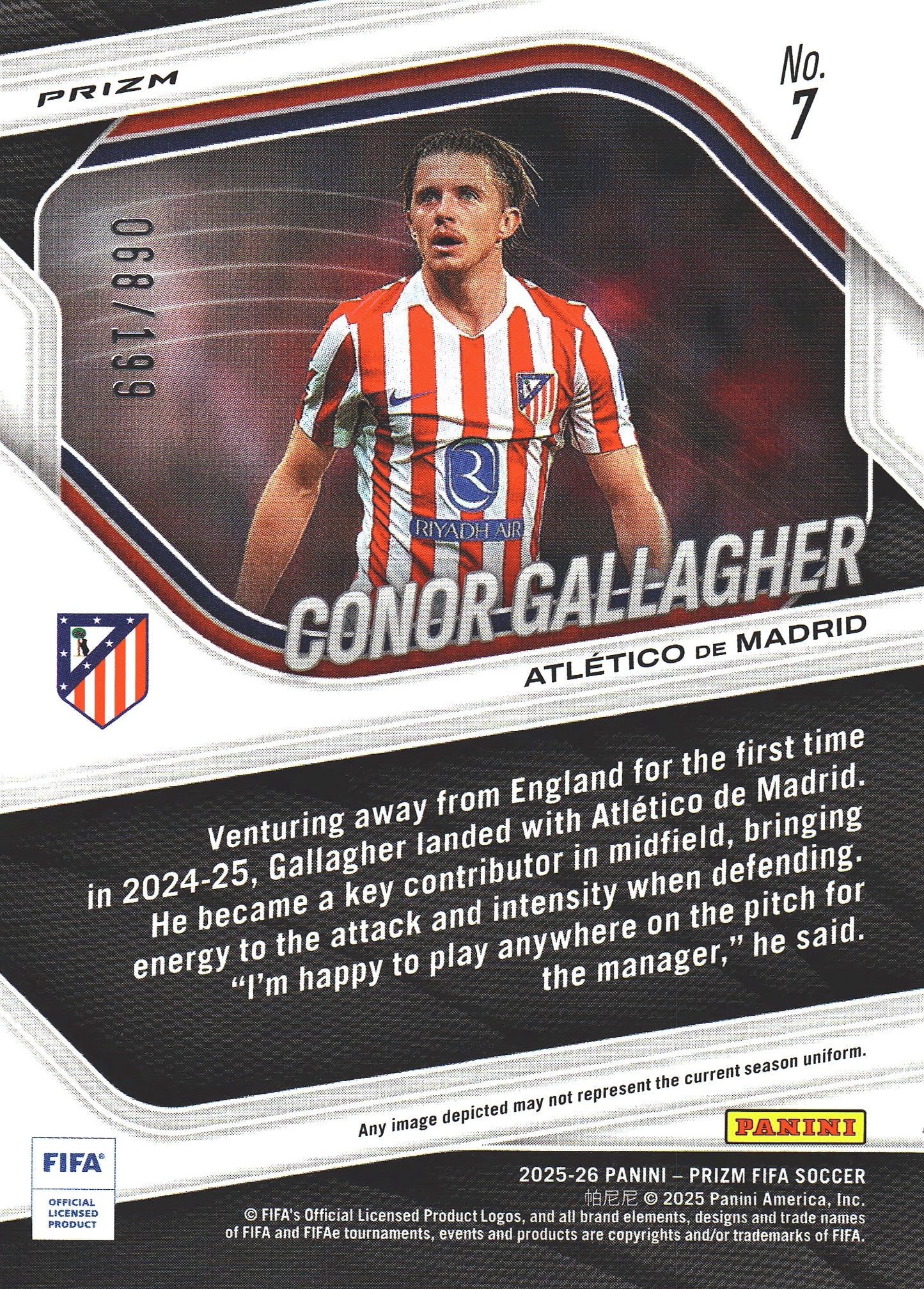 2025 Panini Prizm FIFA Blue /199 Conor Gallagher #7 Atlético Madrid
