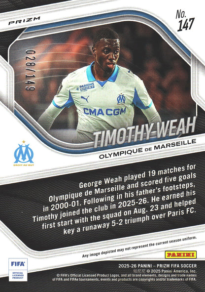 2025 Panini Prizm FIFA Red /149 Timothy Weah #147 Olympique Marseille