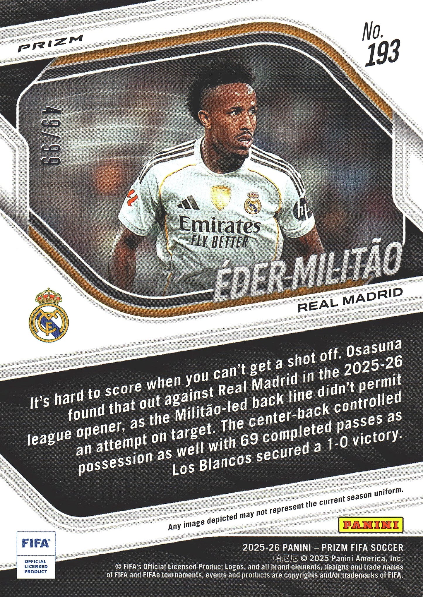 2025 Panini Prizm FIFA Aqua /99 Éder Militão #193 Real Madrid