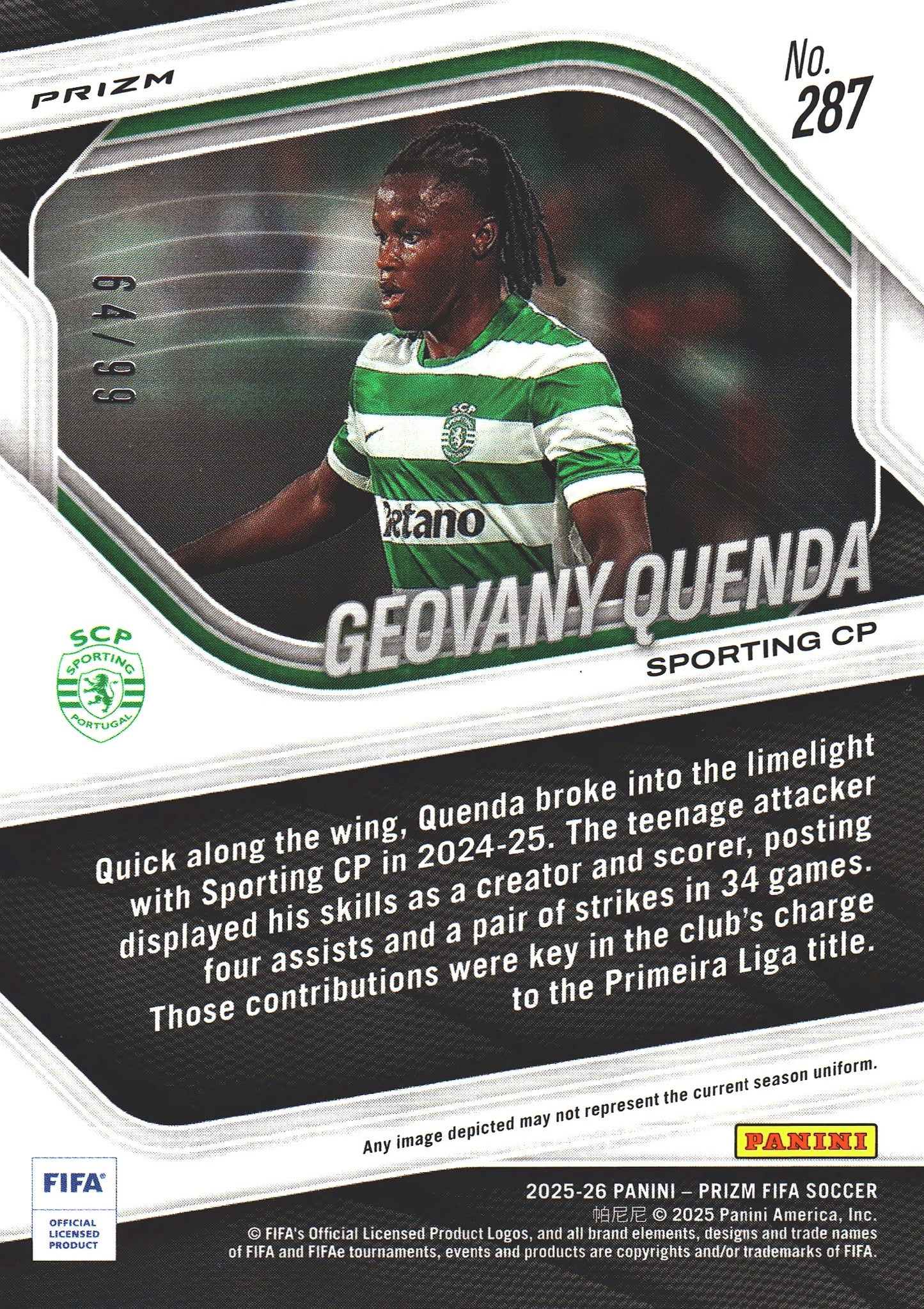 2025 Panini Prizm FIFA Aqua /99 Geovany Quenda #287 Sporting CP