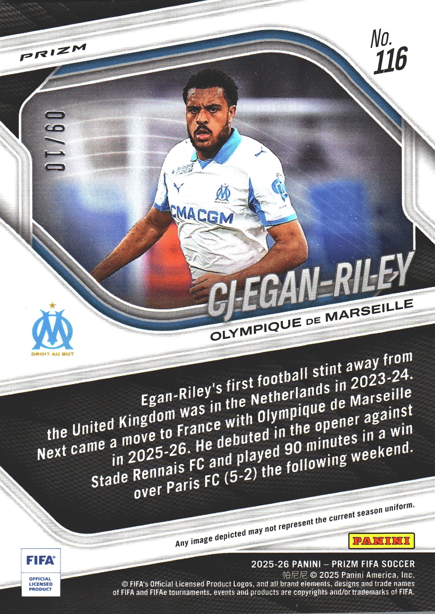 2025 Panini Prizm FIFA Gold /10 CJ Egan-Riley RC #116 Olympique Marseille