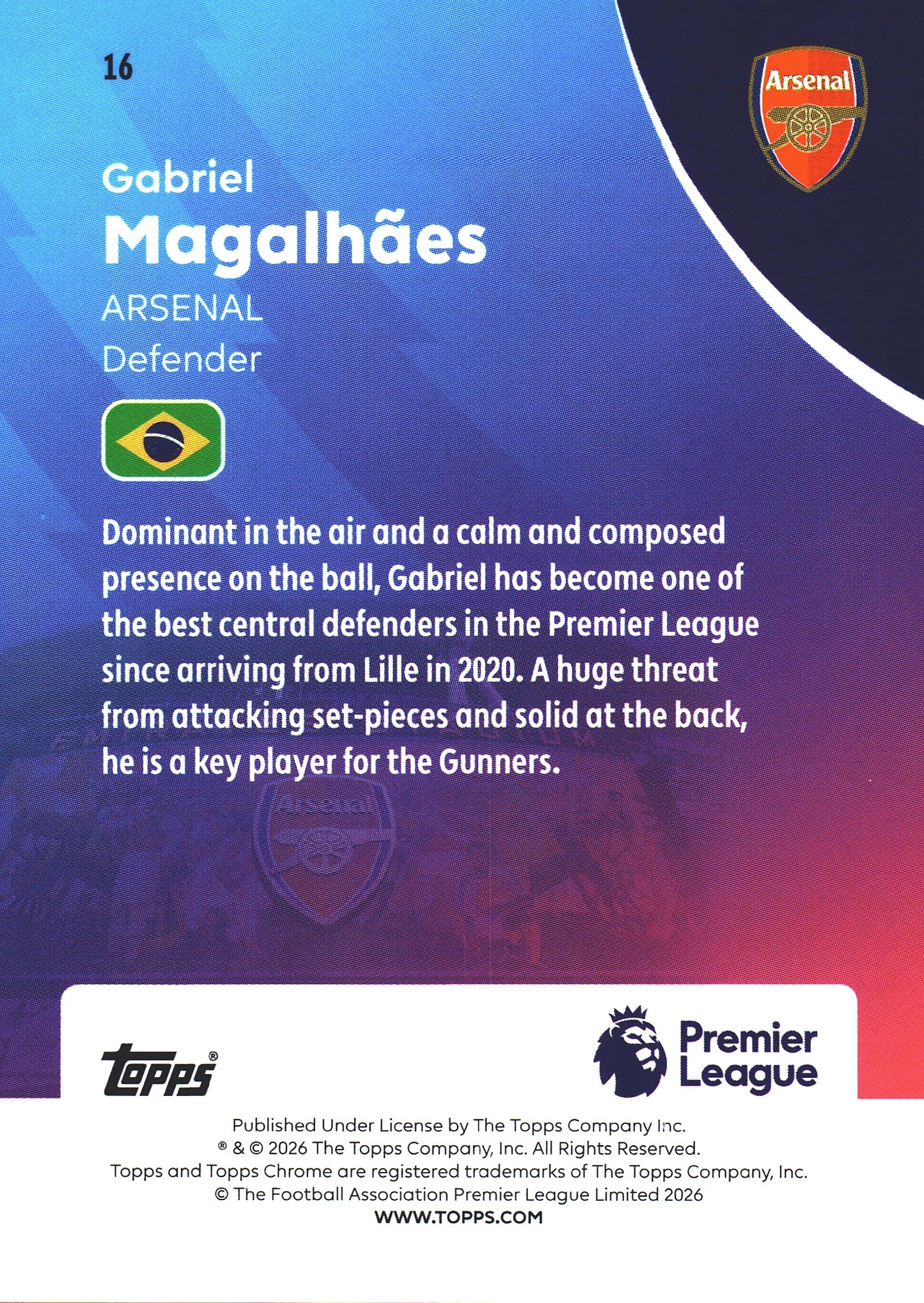 2025 Topps Chrome Premier League Blue /150 Gabriel #16 Arsenal FC