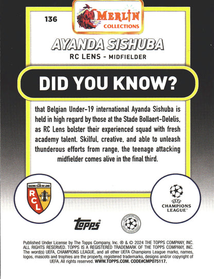 2023 Topps Merlin UCC Chrome Ayanda Sishuba RC /50 #136 RC Lens