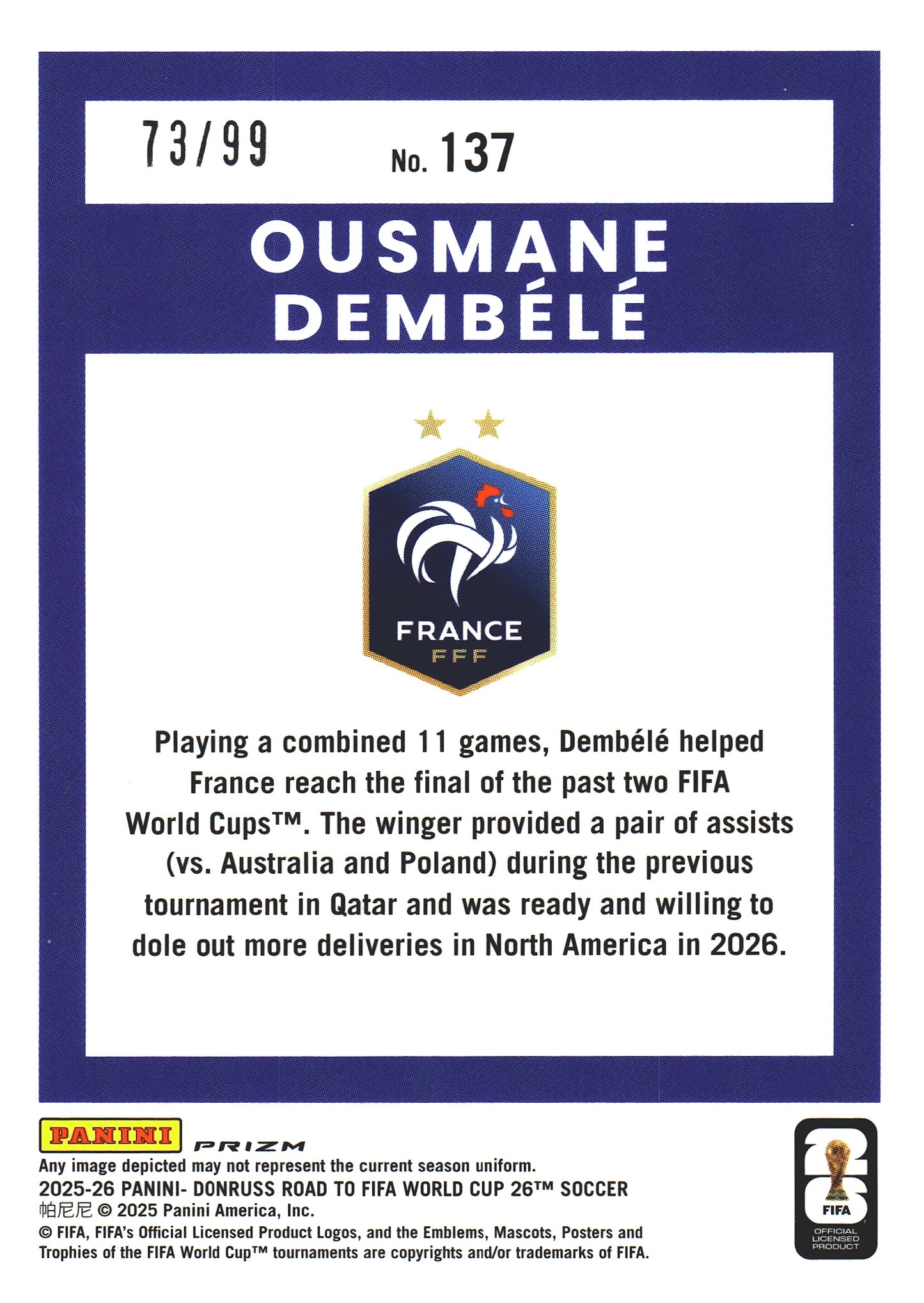2025 Panini Donruss Optic World Cup Orange /99 Ousmane Dembélé #137 France