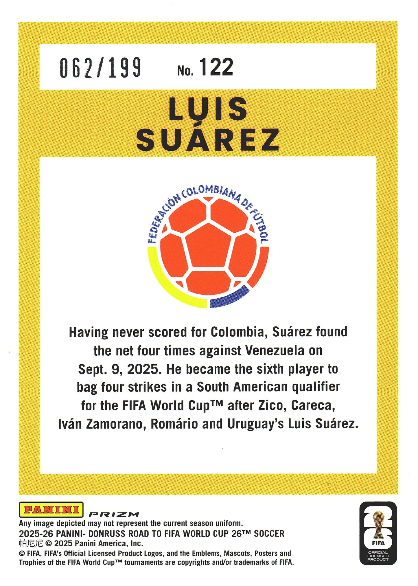2025 Panini Donruss Optic World Cup Red /199 Luis Suárez #122 Colombia