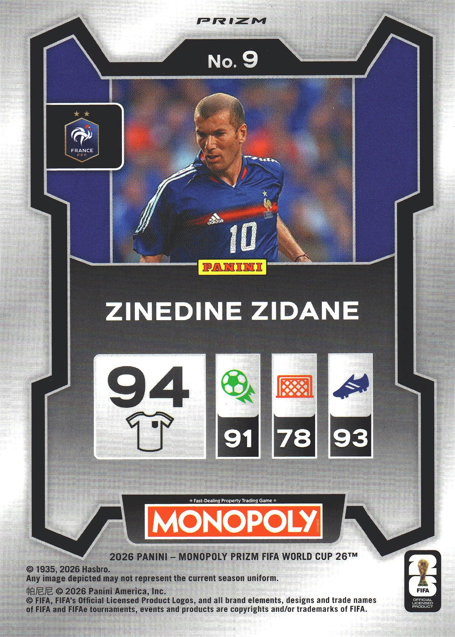 2026 Panini Prizm World Cup Monopoly Green Wave SP Zinedine Zidane #9 France