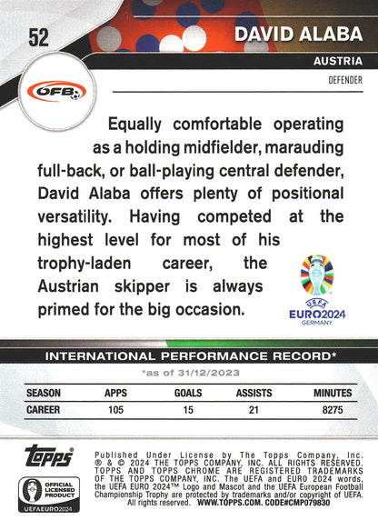2024 Topps Chrome Euro David Alaba White /125 #52 Austria