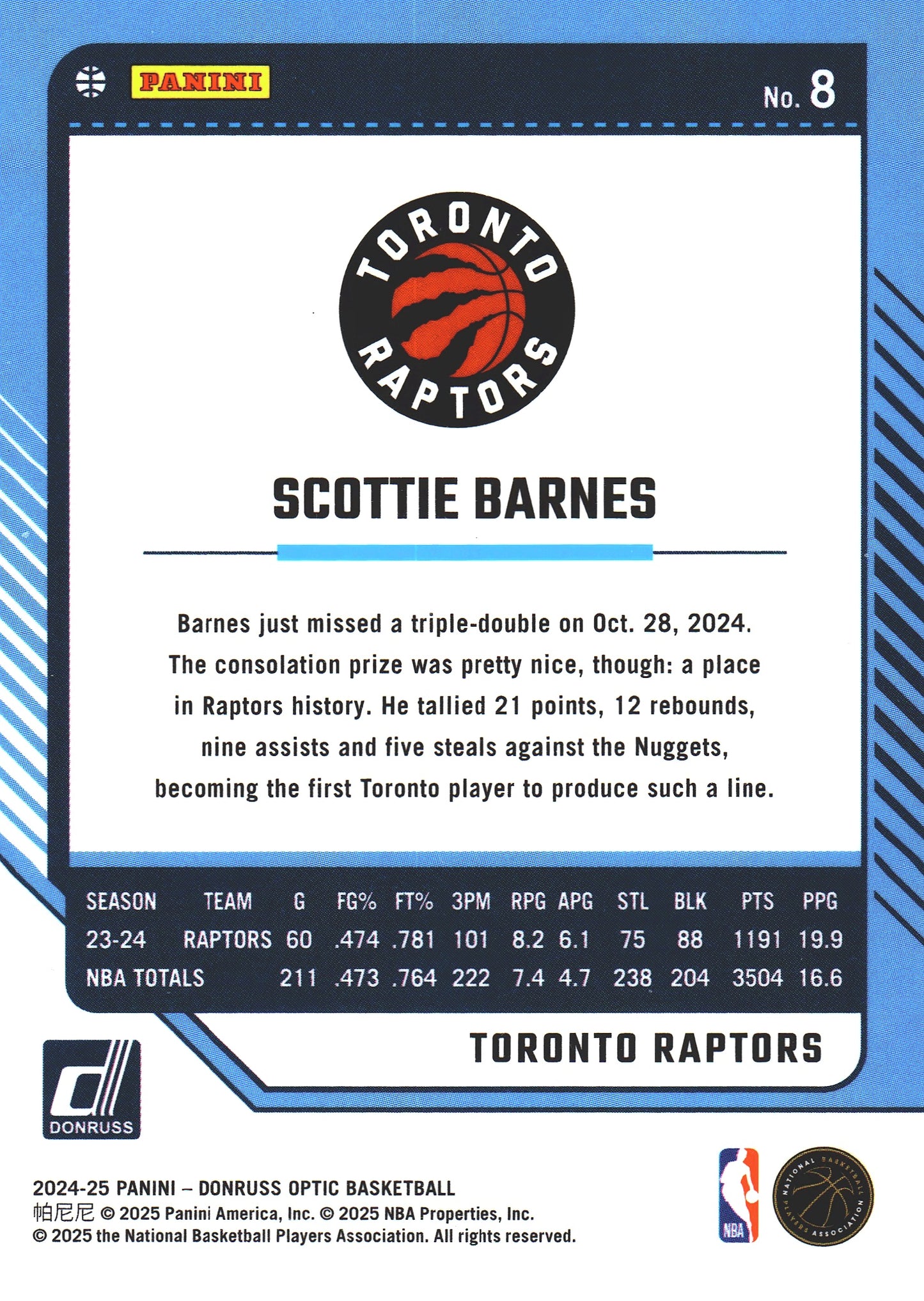 2024 Panini Donruss Optic Scottie Barnes #8 Toronto Raptors