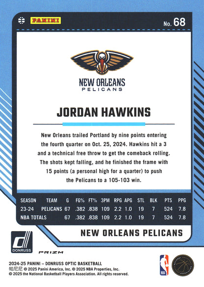 2024 Panini Donruss Optic Holo Jordan Hawkins #68 New Orleans Pelicans