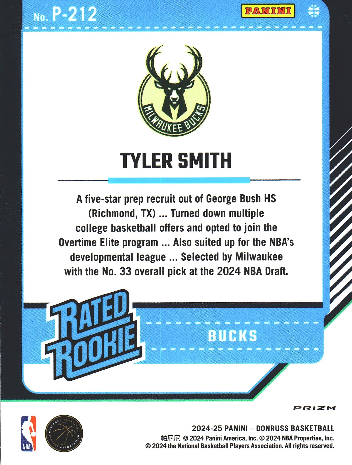 2024 Panini Donruss Optic Blue Ice Rated Rookie Tyler Smith #P-212 Milwaukee Bucks