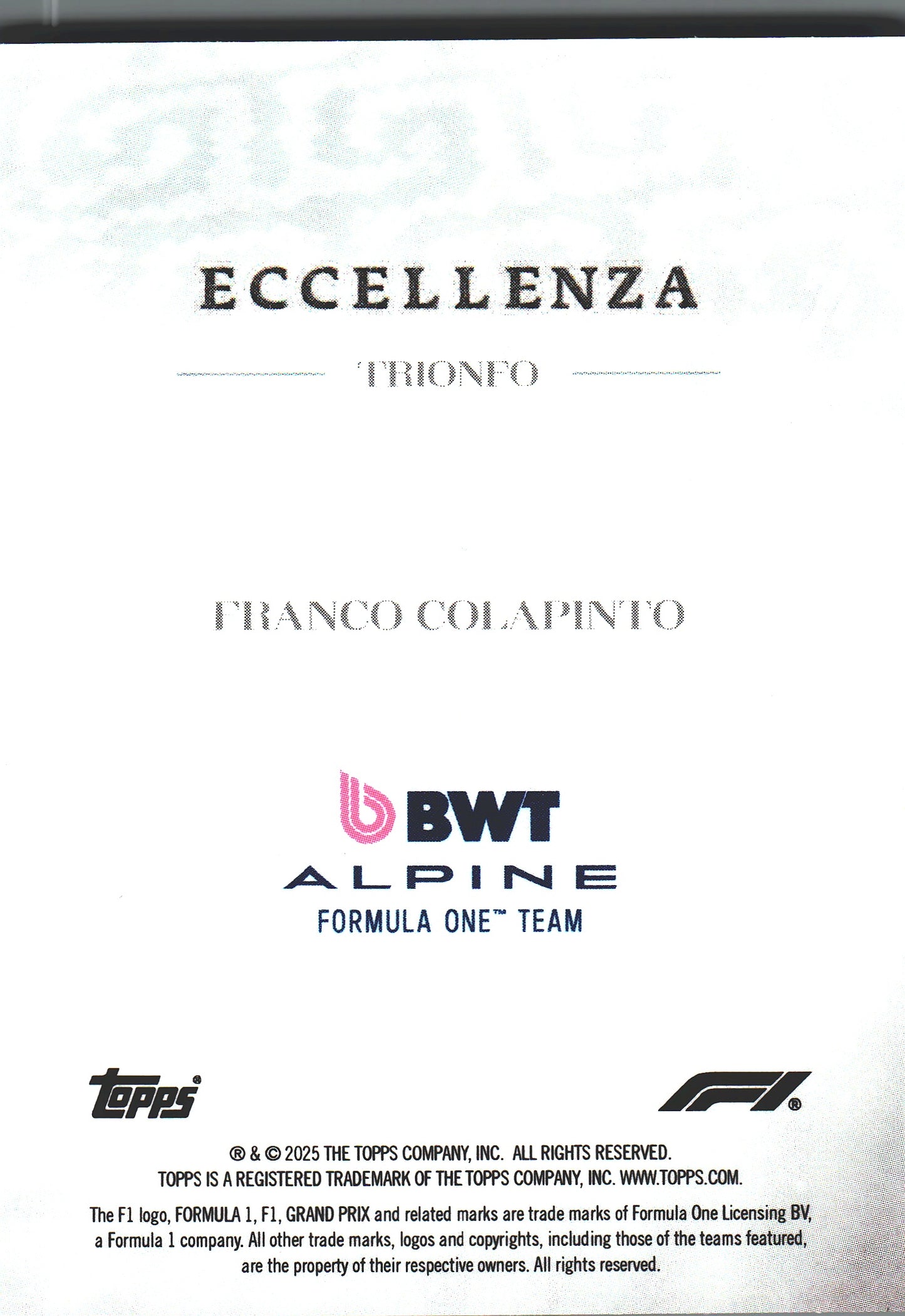 2025 Topps Eccellenza Formula 1 Trionfo Franco Colapinto Alpine F1