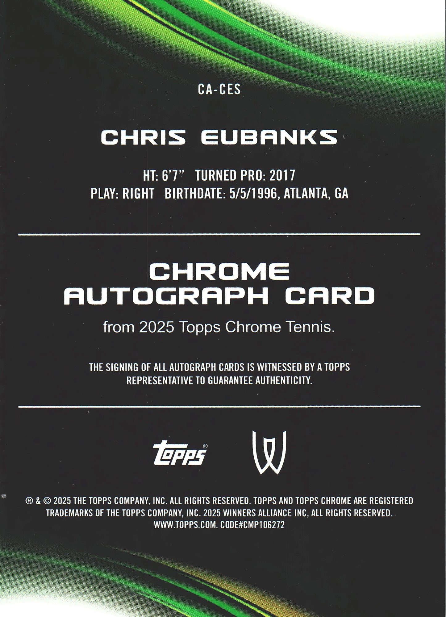 2025 Topps Chrome Tennis Orange /25 Autograph Chris Eubanks #CA-CES