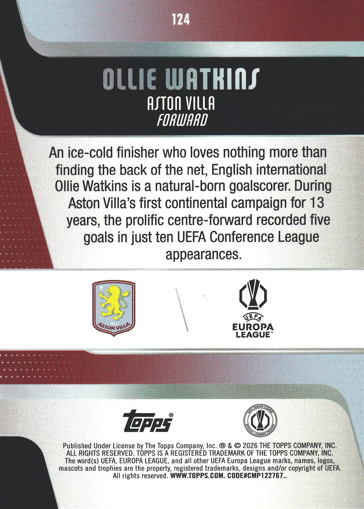 2025 Topps Flagship UCC Pink Holo Foil Ollie Watkins #124 Aston Villa