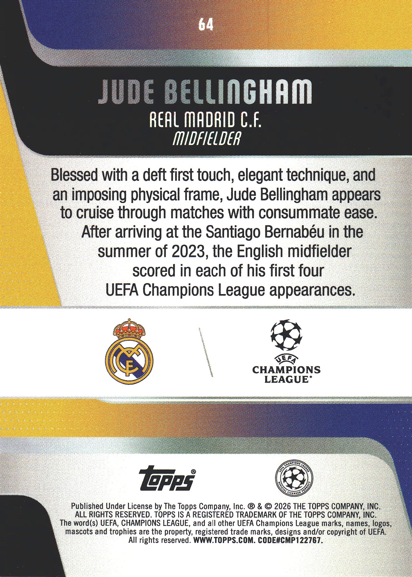 2025 Topps Flagship UCC Holo Foil Jude Bellingham #64 Real Madrid