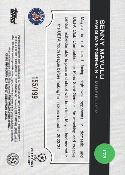 2024 Topps Flagship UCC Green /199 Senny Mayulu RC #173 Paris Saint-Germain